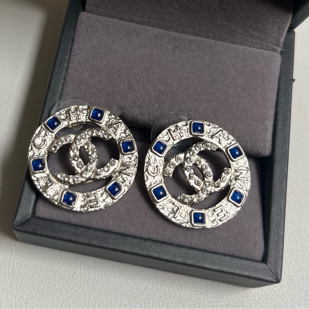 SOLD‼️ CHANEL Round CC Earrings with Blue Enamel Accents